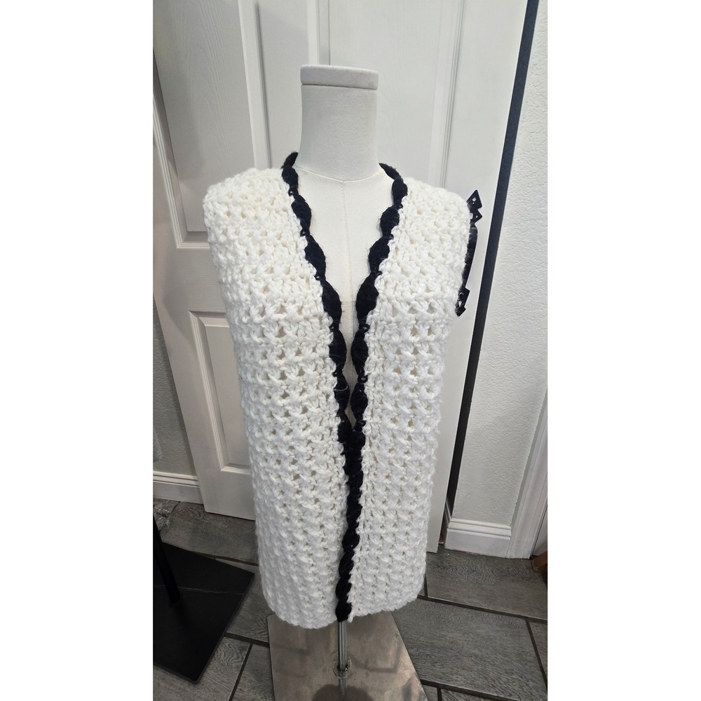 Handmade White Chunky Crochet Longline Vest Black Trim Open Front Boho Layering